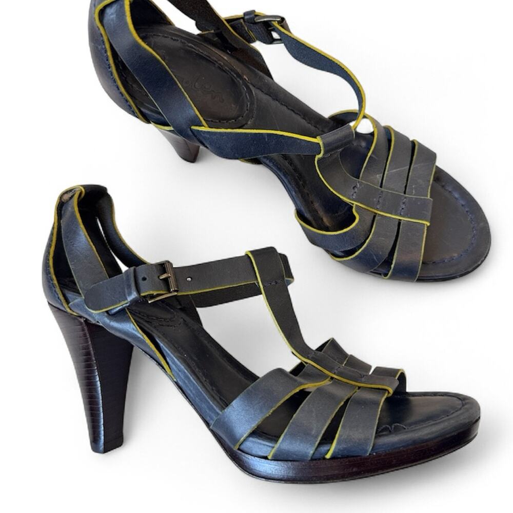 Boden Blue Leather Strappy Heels Women’s 7.5 Peep Toe Lime Green Trim Fall